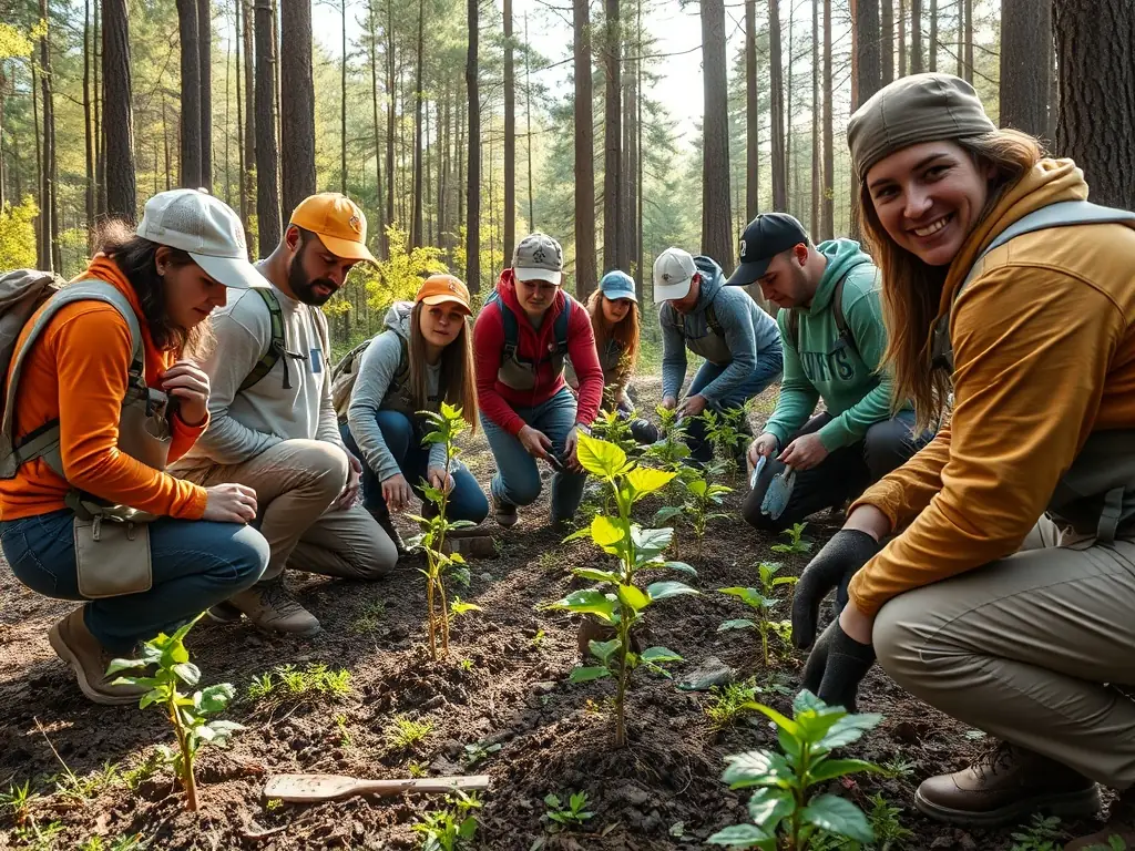 A diverse group of volunteers participating in a SILVA conservation project, planting trees in a deforested area. The image conveys a sense of community and environmental stewardship.
