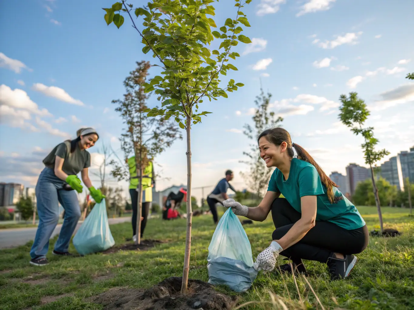A vibrant image showcasing a community cleanup event organized by SILVA, with volunteers collecting trash and restoring a local park, highlighting the organization's commitment to environmental stewardship.