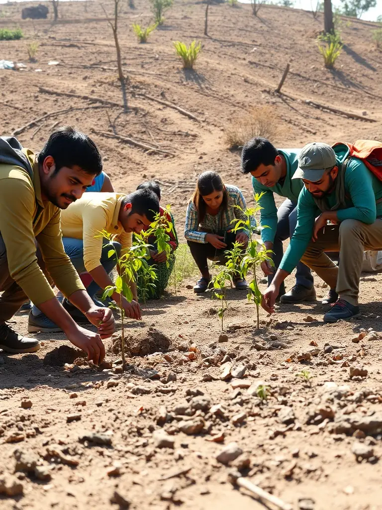 A group of volunteers planting trees in a deforested area as part of SILVA's conservation efforts, showcasing community involvement and environmental restoration.