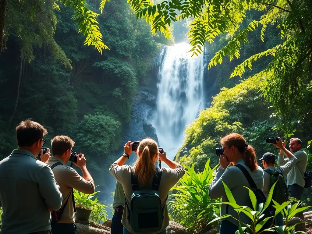 A group of photographers participating in a SILVA workshop, capturing images of a local forest. The scene emphasizes hands-on learning and environmental engagement.