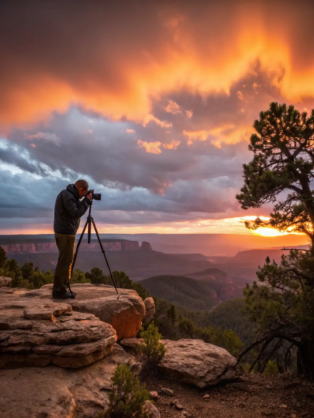 A photographer capturing a stunning landscape at sunset during a SILVA-led workshop, emphasizing the beauty of nature and the skills being taught.