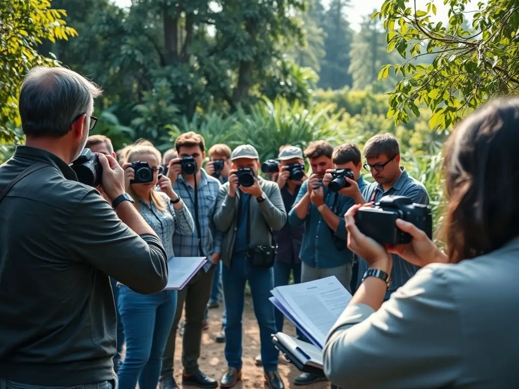 A diverse group of participants in a photography workshop, learning techniques for capturing stunning images of wildlife and natural landscapes, emphasizing SILVA's educational initiatives.
