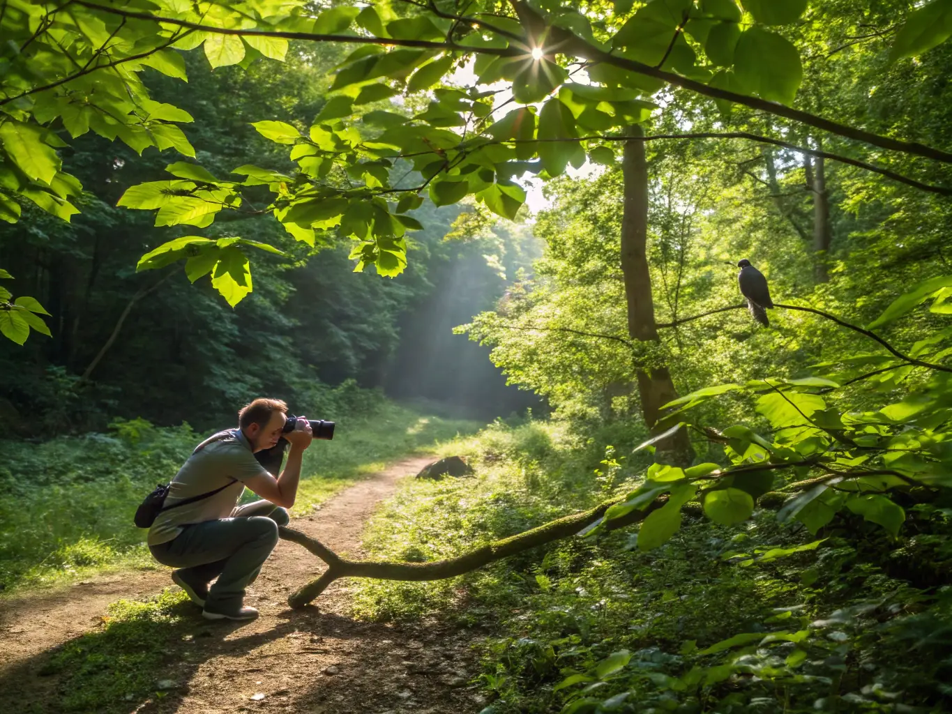 A group of photographers in a lush forest, focusing on capturing the intricate details of the flora and fauna, symbolizing SILVA's commitment to environmental education through photography.